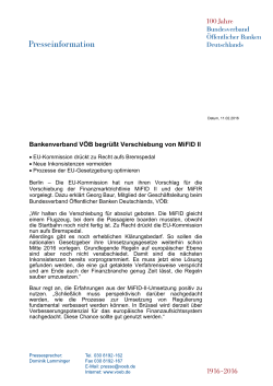 Bankenverband VÖB begrüßt Verschiebung von MiFID II