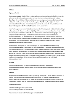 10150-01 Arbeitsmarktökonomie Prof. Dr. Conny Wunsch
