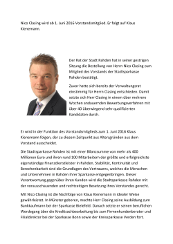Nico Clasing wird ab 1. Juni 2016 Vorstandsmitglied. Er folgt auf