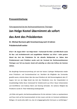 Jan Helge Kestel &uuml;bernimmt ab sofort das Amt des Pr&auml;sidenten