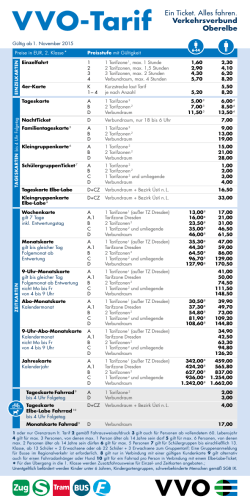 Preistabelle VVO-Tarif, gilt ab 1. November 2015