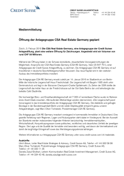 Öffnung der Anlagegruppe CSA Real Estate Germany geplant
