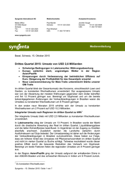 Drittes Quartal 2015: Umsatz von USD 2,6 Milliarden