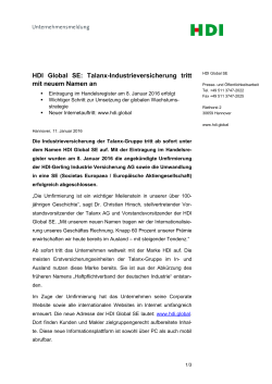 HDI Global SE: Talanx-Industrieversicherung tritt mit - HDI