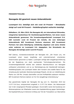PM Nanogate - Nanogate AG gewinnt neuen Ankeraktionär