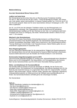 Medienmitteilung Aus dem Gemeinderat Brienz Februar 2016