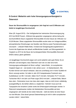 E-Control: Weiterhin sehr hohe Versorgungszuverl&auml;ssigkeit in
