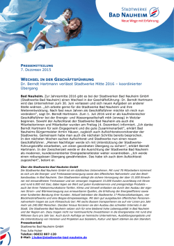 Dr. Berndt Hartmann verl&auml;sst Stadtwerke Mitte 2016 &ndash; koordinierter