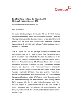 Dr. Ulrich Kohl verl&auml;sst die Questico AG Christoph Haas
