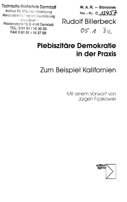 Rudolf Billerbeck Plebiszitäre Demokratie in der Praxis Zum Beispiel