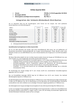 Drittes Quartal 2015 Integration der Schmolz+Bickenbach Distribution