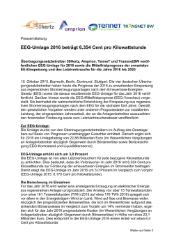 EEG-Umlage 2016 beträgt 6354 Cent pro Kilowattstunde