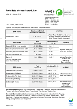 Preisliste Verkaufsprodukte - ZAW Donau-Wald