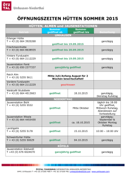 öffnungszeiten hütten sommer 2015