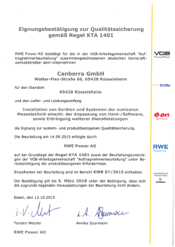 Eignungsbest&auml;tigung zur Qualit&auml;tssicherung gem&auml;&szlig; Regel KTA 1401