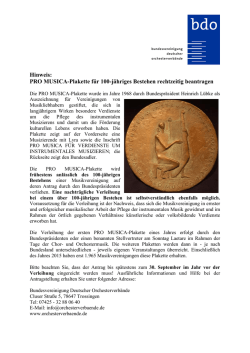 Hinweis: PRO MUSICA-Plakette f&uuml;r 100
