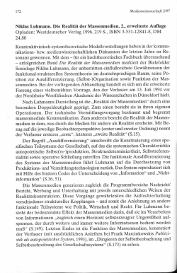 Niklas Luhmann. Die Realit&auml;t der Massenmedien. 2., erweiterte