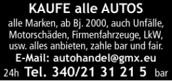 KAUFE alle AUTOS 24h Tel. 340/21 31 21 5 bar