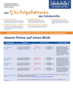 Aktuelle Preisliste der Schülerhilfe Koblenz