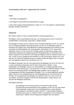 LG Frankenthal, Urteil vom 1. August 2015, AZ 6 O 55_15