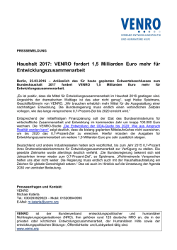 Haushalt 2017: VENRO fordert 1,5 Milliarden Euro mehr f&uuml;r