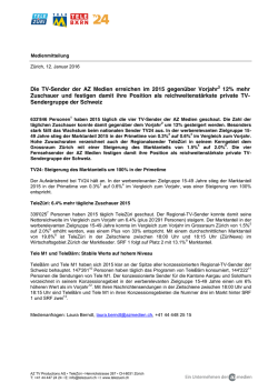 Die TV-Sender der AZ Medien erreichen im 2015 gegen&uuml;ber
