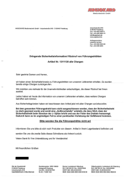 Dringende Sicherheitsinformation/ R&uuml;ckruf von