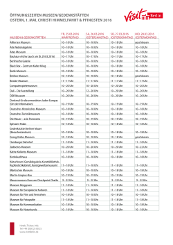 Öffnungszeiten Museen/gedenkstätten Ostern, 1. Mai, Christi