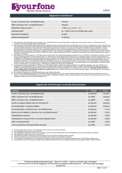 Preisliste für Mobilfunkdienstleistungen