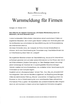 Warnmeldung des LKA Baden-Württemberg vom 20.10.2015