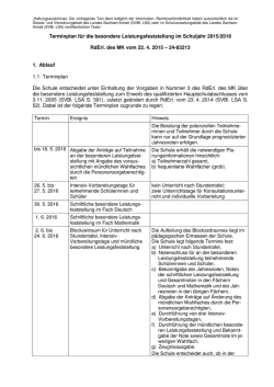 Terminplan für die besondere Leistungsfeststellung im Schuljahr