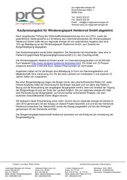 Kaufpreisangebot für Windenergiepark Heidenrod GmbH abgelehnt.