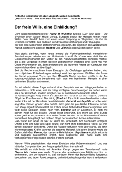 Der freie Wille, eine Einbildung, Buchbesprechung von K.