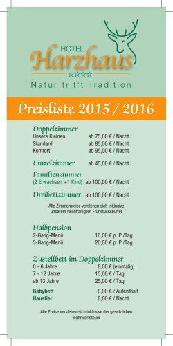 Preisliste 2015 / 2016 - Hotel Harzhaus Benneckenstein