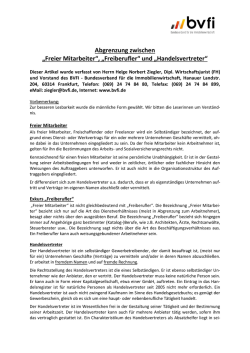 &bdquo;Freier Mitarbeiter&ldquo;, &bdquo;Freiberufler&ldquo; und &bdquo;Handelsvertreter&ldquo; - BVFI
