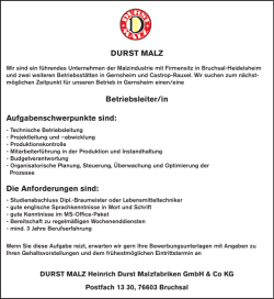 DURST MALZ Betriebsleiter/in Aufgabenschwerpunkte sind: Die