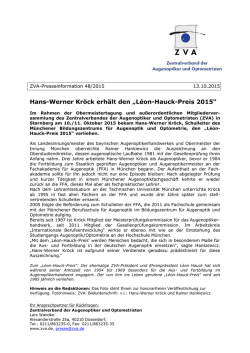 Hans-Werner Kr&ouml;ck erh&auml;lt den &bdquo;L&eacute;on-Hauck-Preis 2015&ldquo;