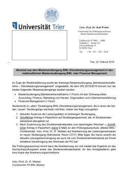 Univ.-Prof. Dr. Rolf Weiber Wechsel aus dem Masterstudiengang