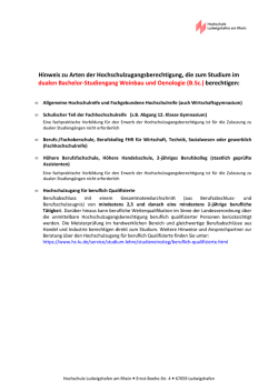 Hinweis zu Arten der Hochschulzugangsberechtigung, die zum