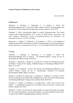 Jennifer Wladarsch: Publikationen und Vortr&auml;ge Stand: Juni 2015