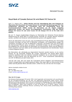 Royal Bank of Canada (Suisse) SA wird Bank SYZ