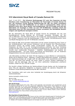 SYZ übernimmt Royal Bank of Canada (Suisse) SA