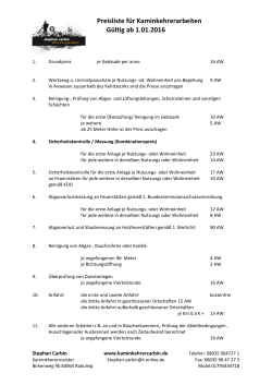 Preisliste für Kaminkehrerarbeiten Gültig ab 1.01.2016