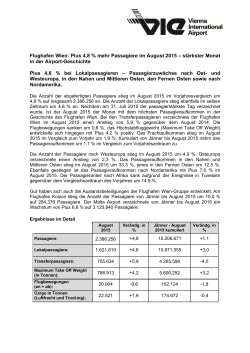 Flughafen Wien: Plus 4,8 % mehr Passagiere im August 2015
