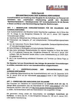 SASA SpA-AG BEKANNTMACHUNG DES AUSWAHLVERFAHRENS