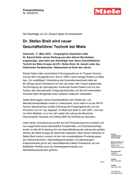 Dr. Stefan Breit wird neuer Gesch&auml;ftsf&uuml;hrer Technik bei Miele