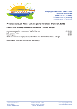 Preisliste Caravan-Motel Campingplatz Birkensee (Stand 01.2016)