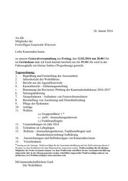 26. Januar 2016 An alle Mitglieder der Freiwilligen Feuerwehr