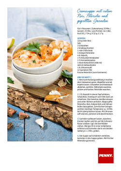 Cremesuppe mitotem Reis, Petersilie und gegrilen Garnelen