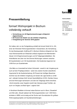 Pressemitteilung formart Wohnprojekt in Bochum vollständig verkauft